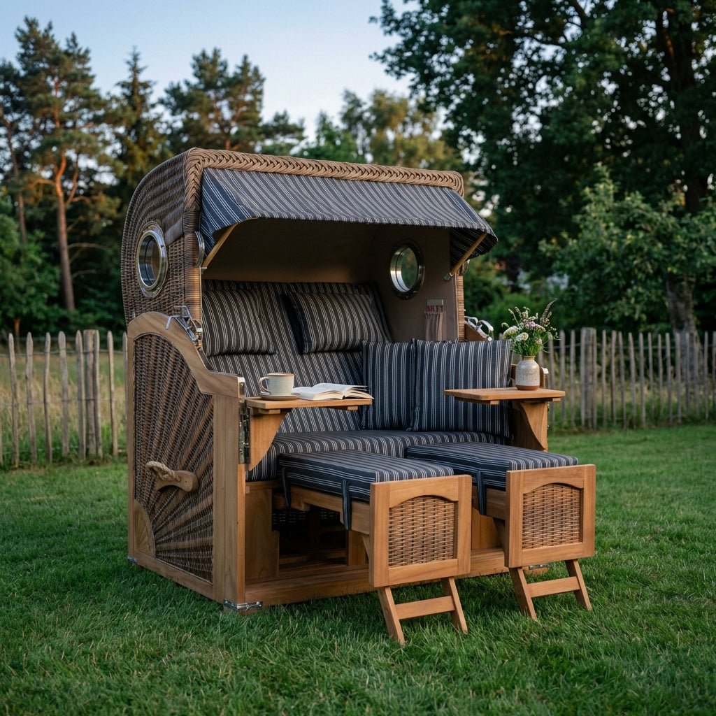 Strandkorb Düne Grande 2-Sitzer aus Teak und Polyrattan in warmem Braun