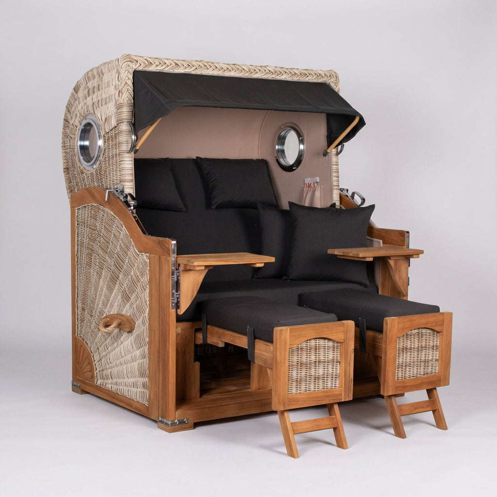 Strandkorb Düne Grande Bullauge Teak PE Shell Dessin 548 - Bild 1