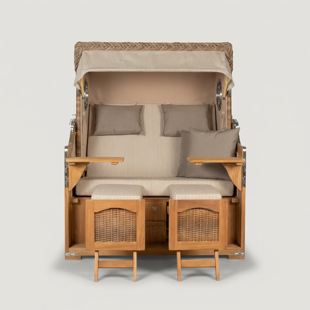 Strandkorb Düne Grande 2-Sitzer aus Teak mit Bullauge in warmem Banana-Ton