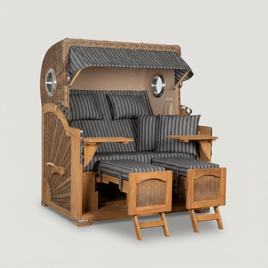 Strandkorb Düne Grande 2-Sitzer aus Teak und Polyrattan in warmem Braun
