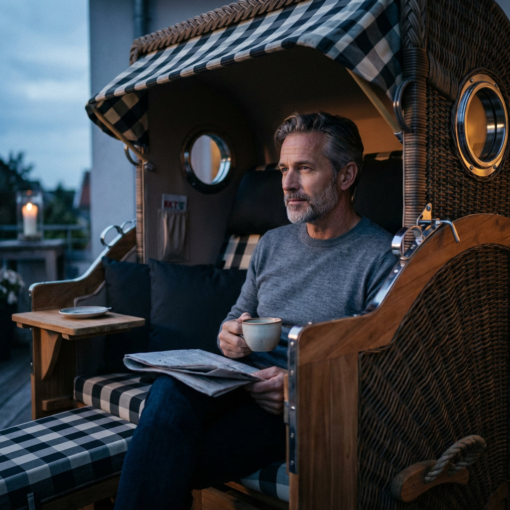 Strandkorb Düne Grande Bullauge Teak PE Banana Dessin 505 - Bild 6