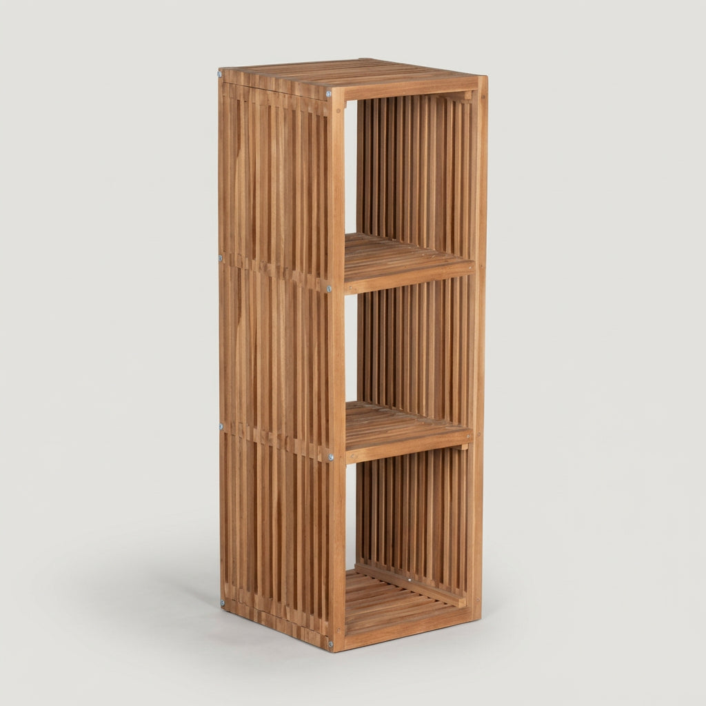 Regal 3 Fächer aus massivem Teakholz mit Lamellenoptik