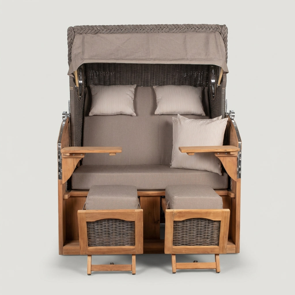 Strandkorb Schillig XL aus Teakholz und Polyrattan in Anthrazit mit Bullaugen
