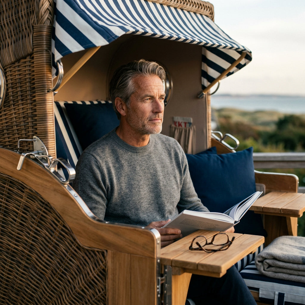 Strandkorb Düne Grande 2-Sitzer aus Teak mit Bullauge in Blau-Weiß