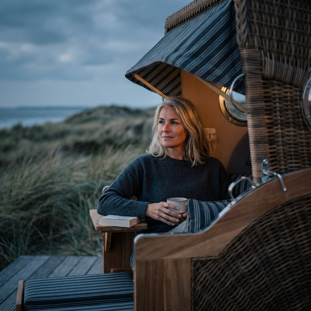 Strandkorb Düne Grande 2-Sitzer aus Teak und Polyrattan in warmem Braun