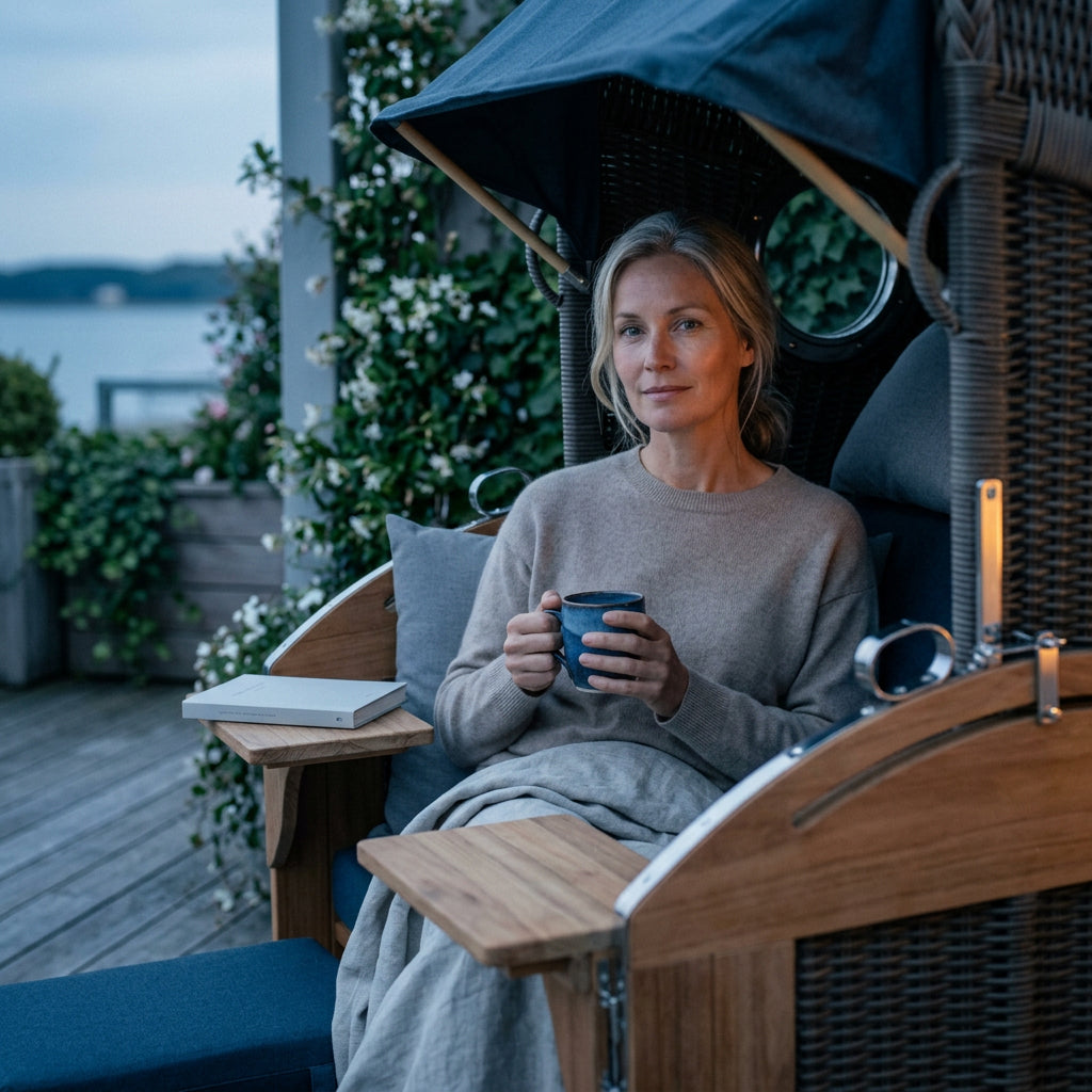 Strandkorb Schillig XL aus Teakholz und Polyrattan mit Bullaugen in Marineblau