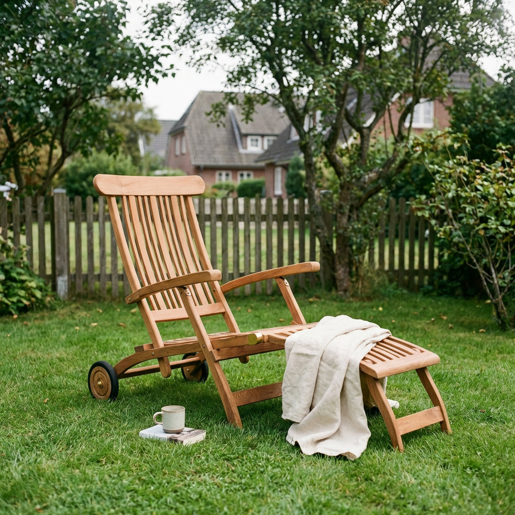 Deckchair Flores aus massivem Teakholz mit Rädern