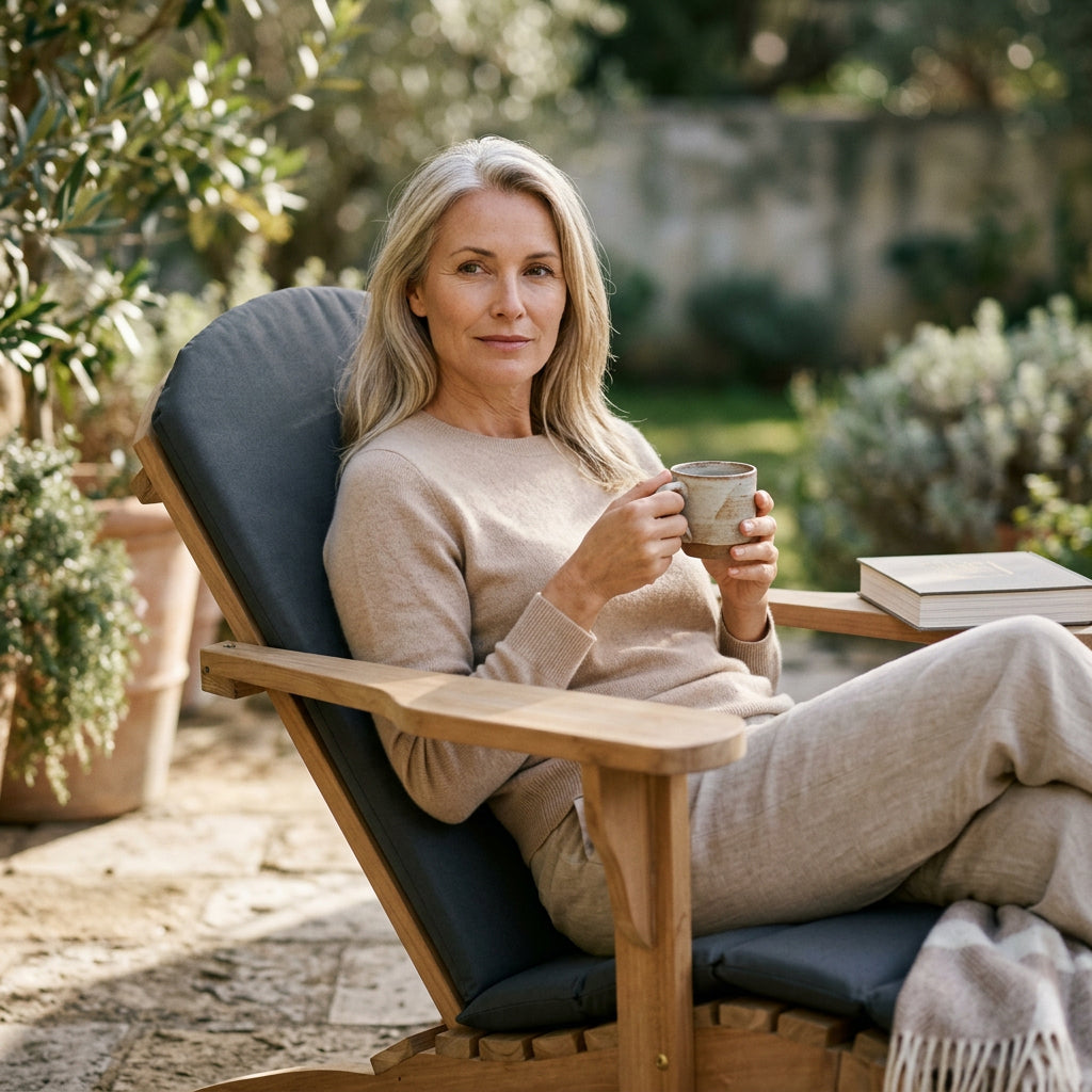 Gartenlounger Woodie aus massivem Teakholz mit Kissenauflage in Anthrazit