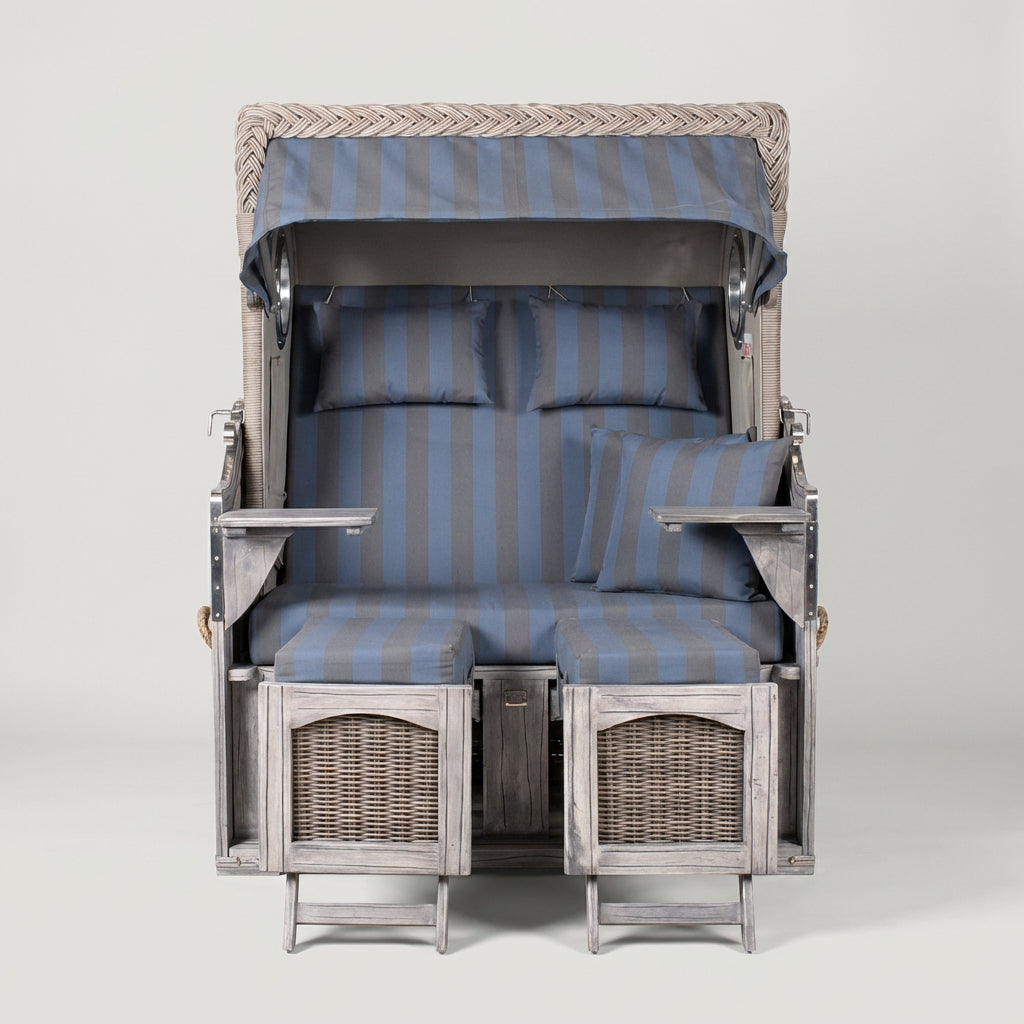 Strandkorb Düne 2-Sitzer in Washed Grey mit Bullaugen-Fenstern