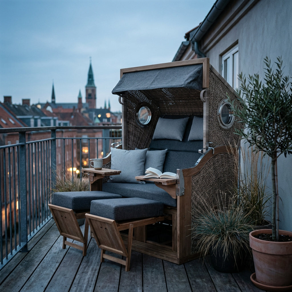 Strandkorb 175 XL Akazie Polyrattan mit Cocktailtischen