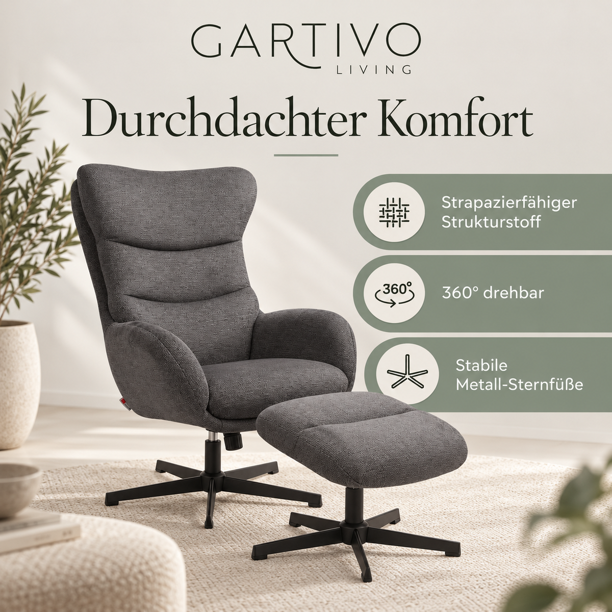 Relaxsessel Lucito Grau inkl. Fußhocker