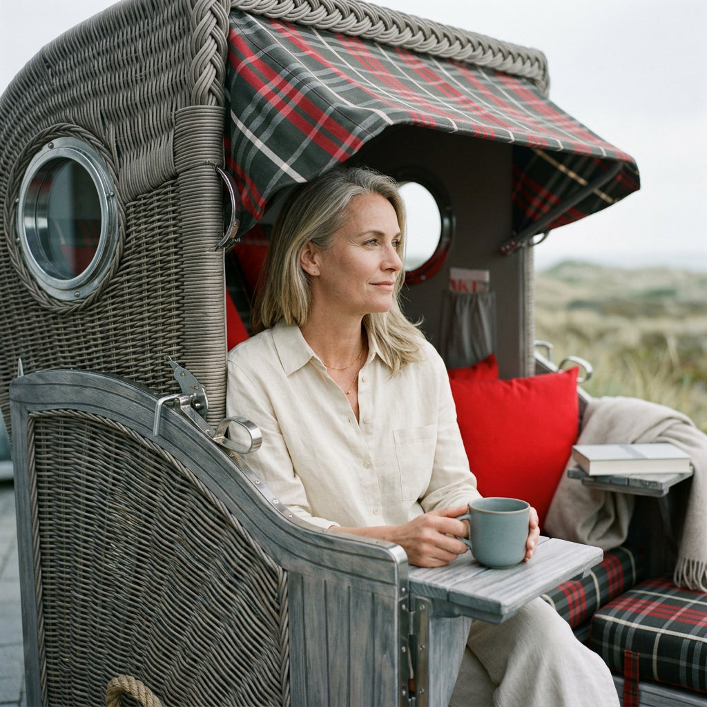 Strandkorb Düne 2-Sitzer in Mahagoni Washed Grey mit Bullauge