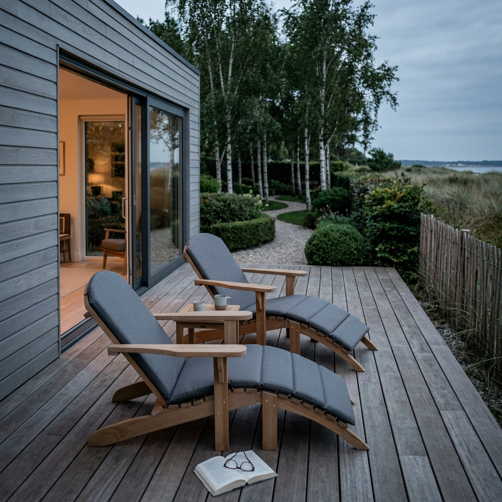 Gartenlounger Woodie aus massivem Teakholz mit Kissenauflage in Anthrazit