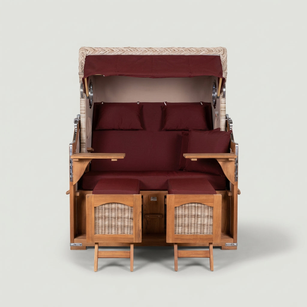 Strandkorb Düne Grande 2-Sitzer aus massivem Teakholz mit Bullauge in Bordeaux