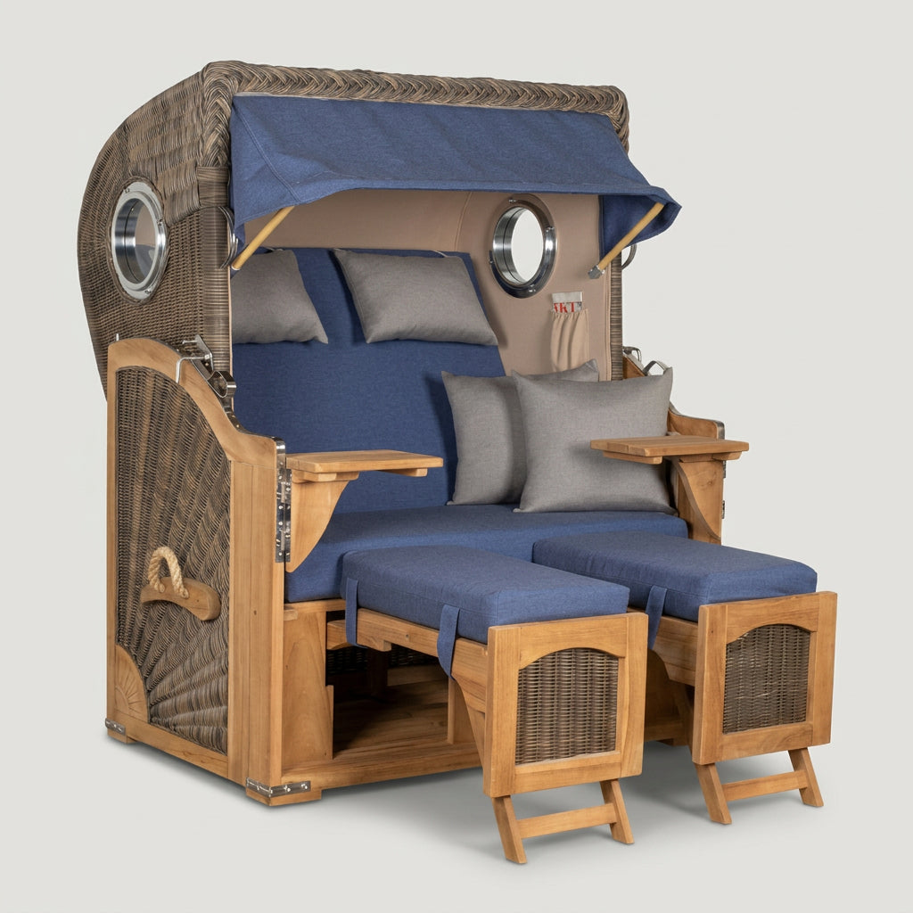 Strandkorb Düne 2-Sitzer aus Teak und Polyrattan mit Bullaugen in maritimem Blau