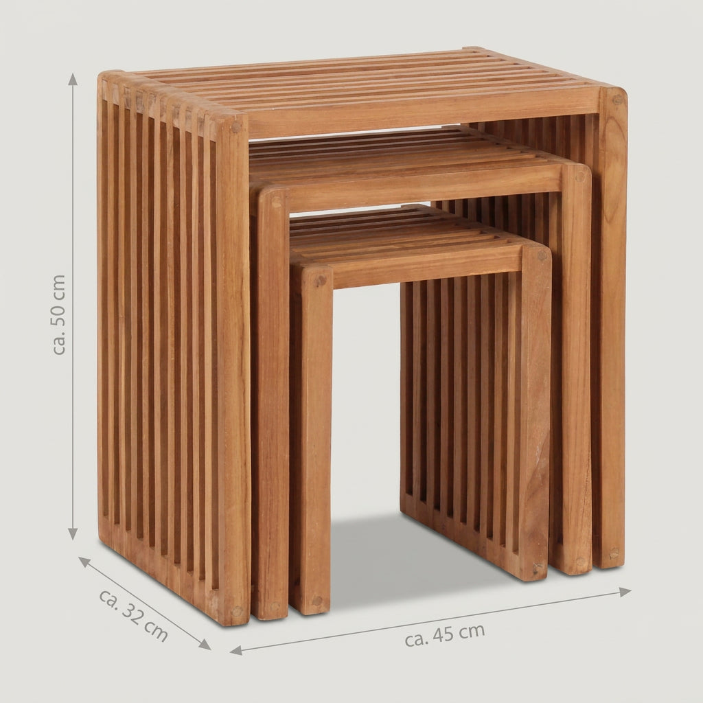 Beistelltische 3er Set aus massivem Teakholz mit Lamellendesign