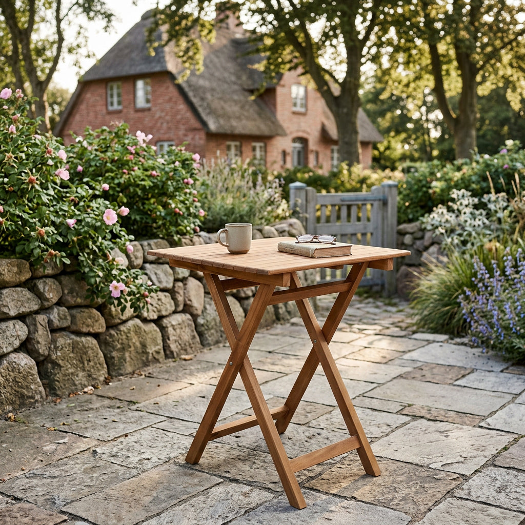 Klapptisch Woodie aus massivem Teakholz mit Lamellenplatte