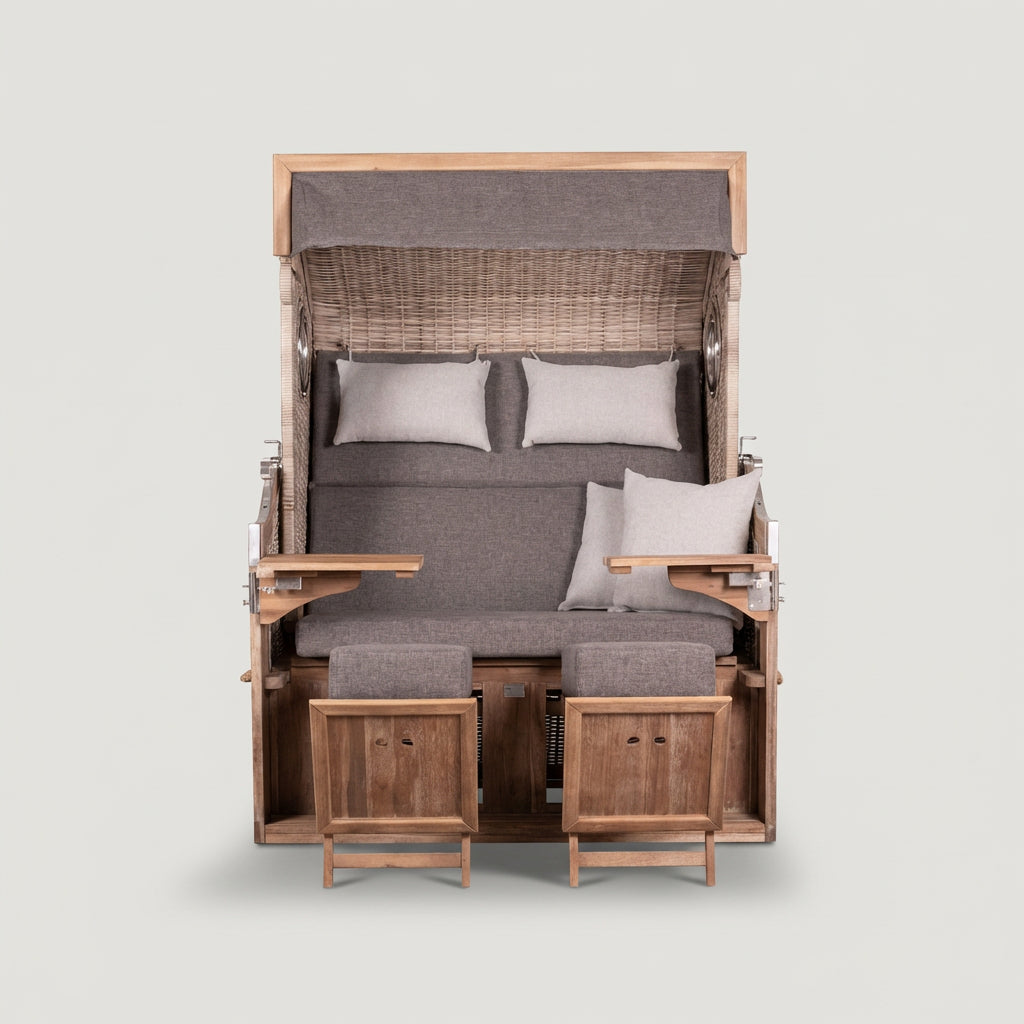 Strandkorb 175 XL Akazie Polyrattan mit Cocktailtischen