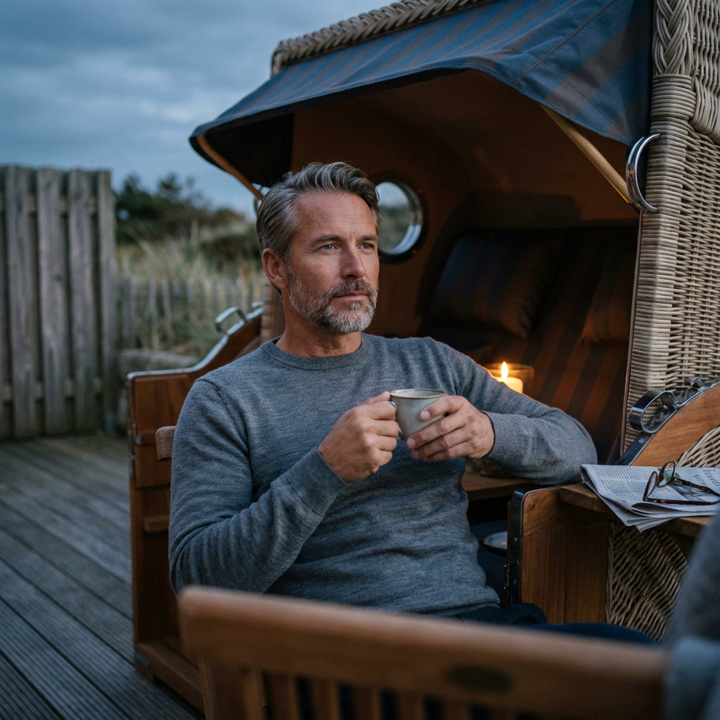 Strandkorb Düne Grande 2,5-Sitzer aus massivem Teakholz mit Bullaugen in Marineblau