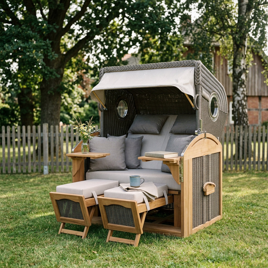 Strandkorb Schillig XL aus Teakholz und Polyrattan mit Bullaugen