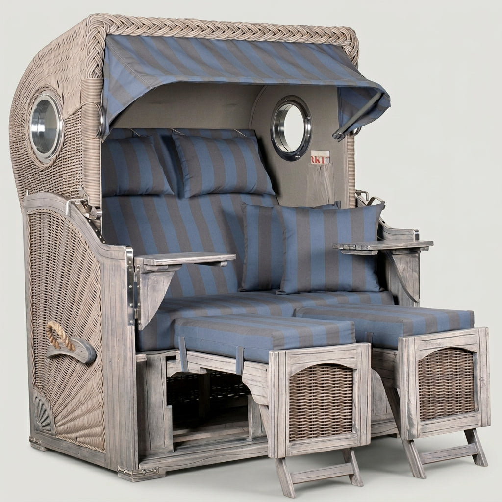 Strandkorb Düne 2-Sitzer in Washed Grey mit Bullaugen-Fenstern