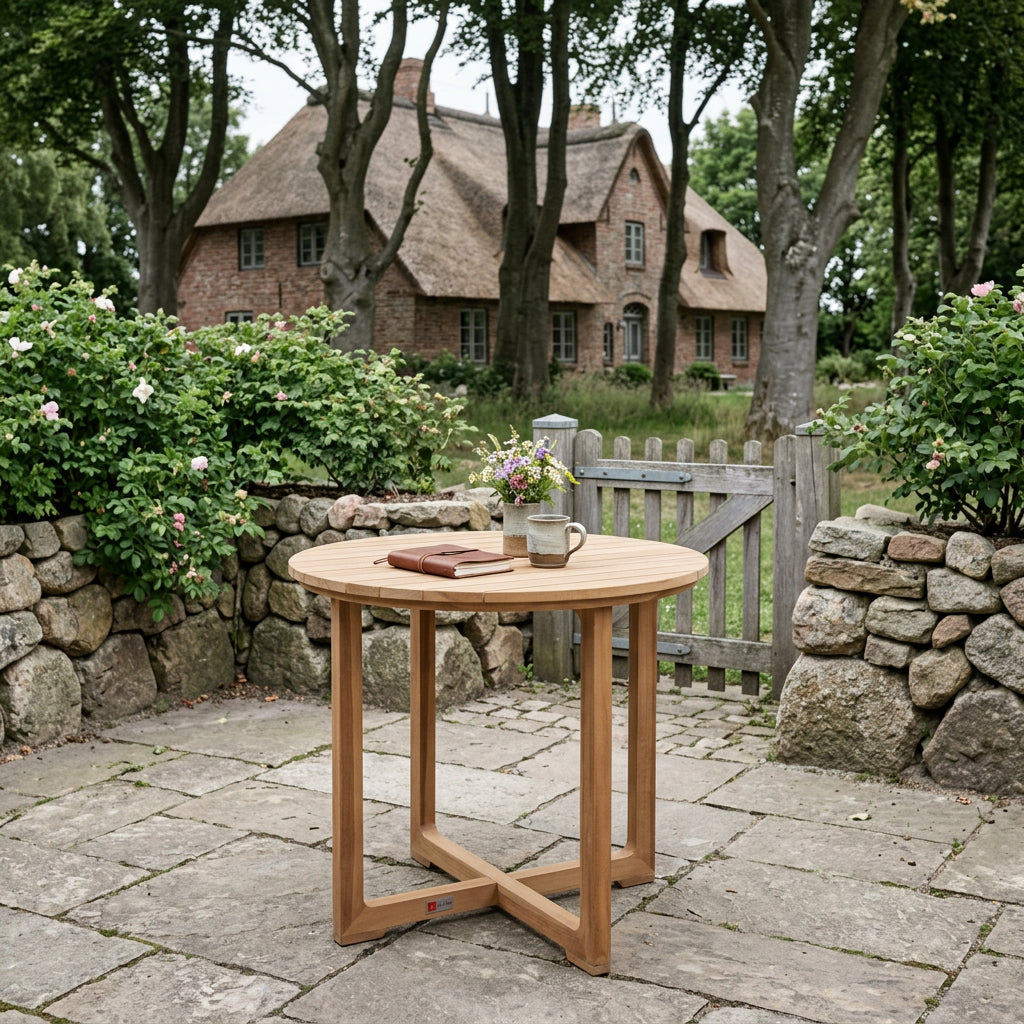 Gartentisch Retford rund 85 cm aus massivem Teakholz mit X-Gestell