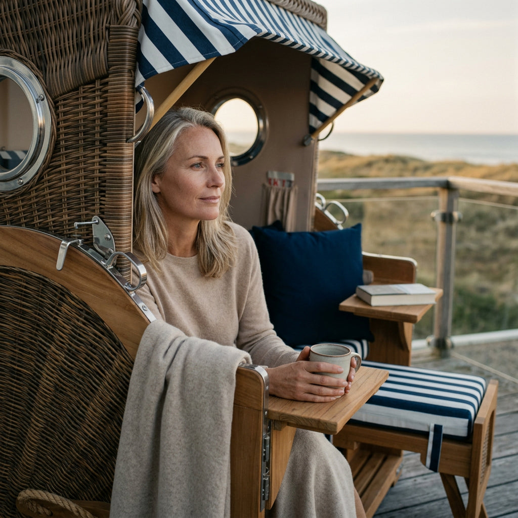 Strandkorb Düne Grande 2-Sitzer aus Teak mit Bullauge in Blau-Weiß