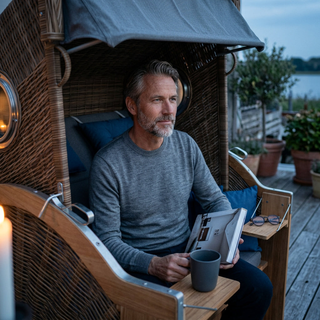 Strandkorb Cliff XL SUN aus Polyrattan griseum mit Teakholz-Klapptischen