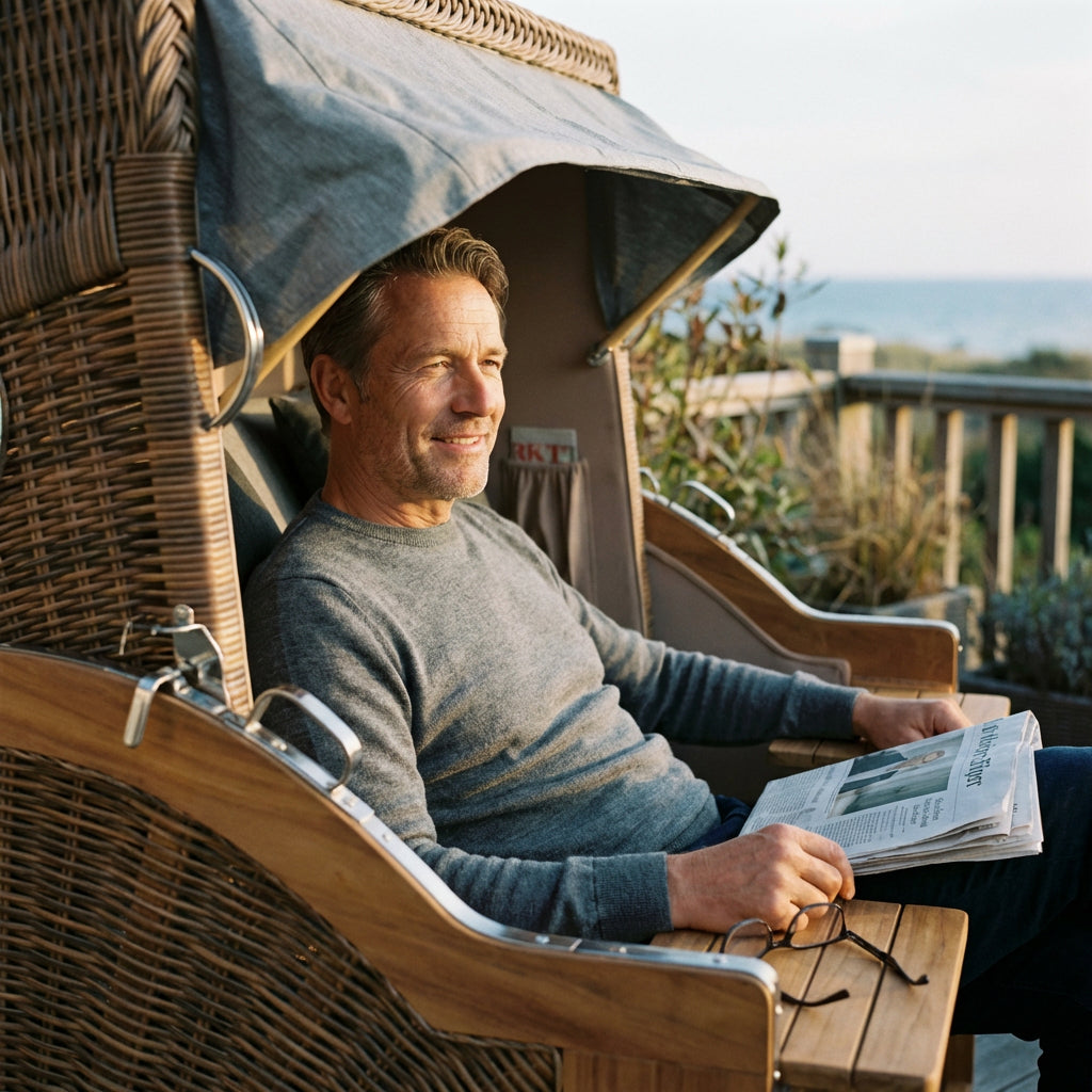 Strandkorb Düne Grande Bullauge Teak PE Banana Dessin 570 - Bild 6