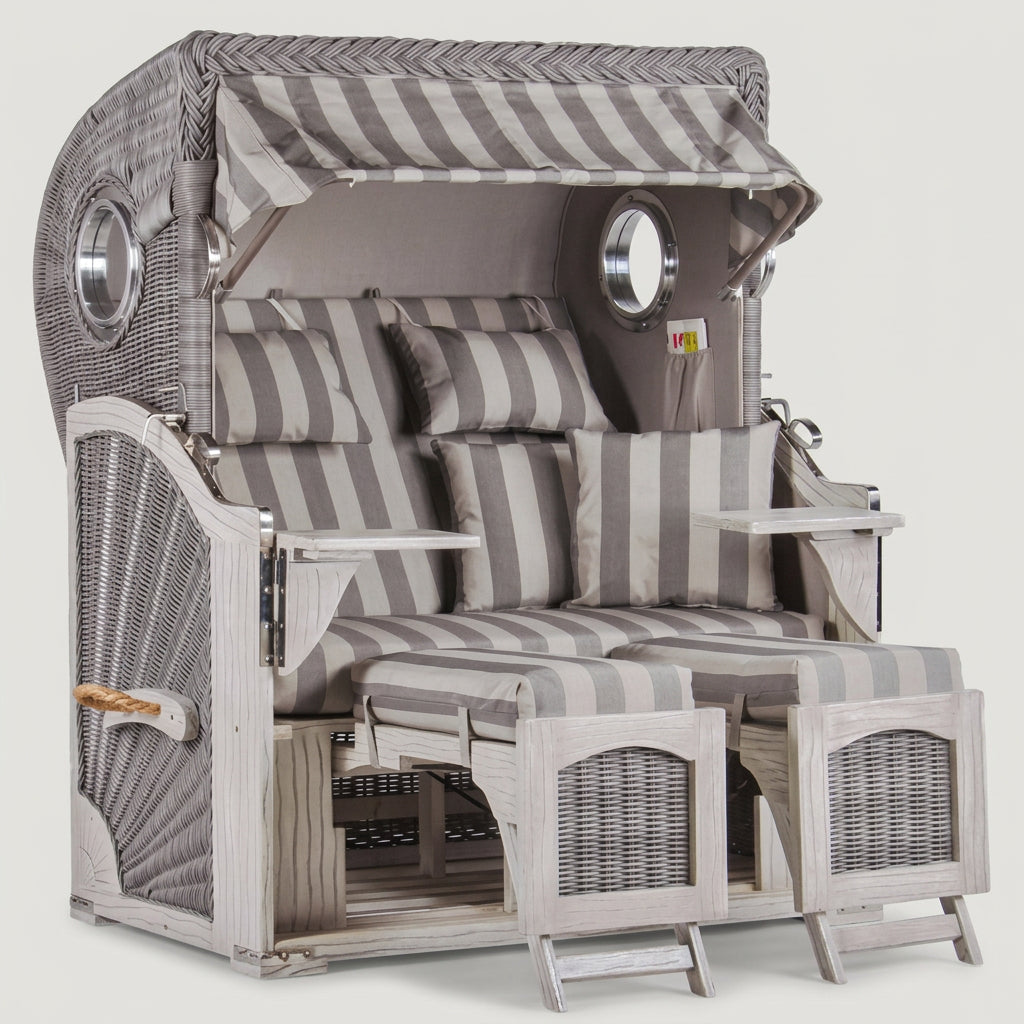 Strandkorb Düne 2-Sitzer in Mahagoni Washed Grey mit Bullauge
