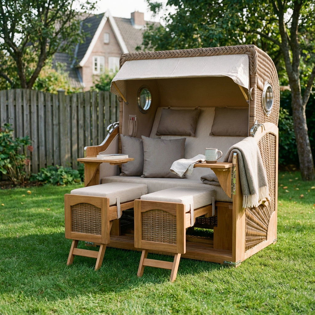 Strandkorb Düne Grande 2-Sitzer aus Teak mit Bullauge in warmem Banana-Ton