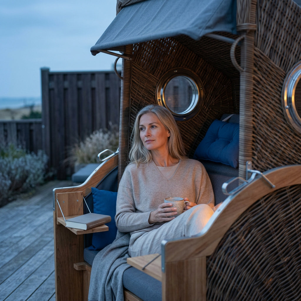 Strandkorb Cliff XL SUN aus Polyrattan griseum mit Teakholz-Klapptischen