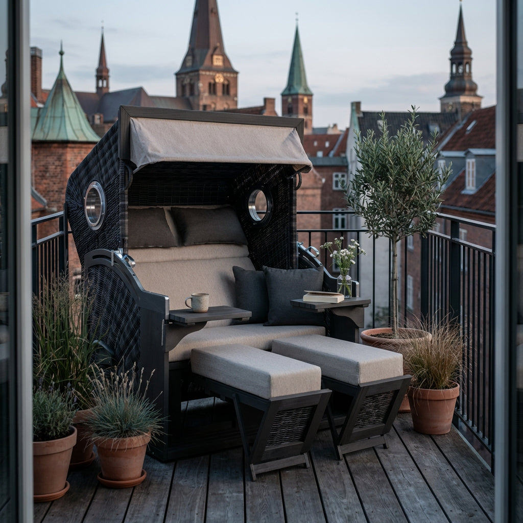Strandkorb XL Polyrattan stone grey mit Pinienholz und Cocktailtischen