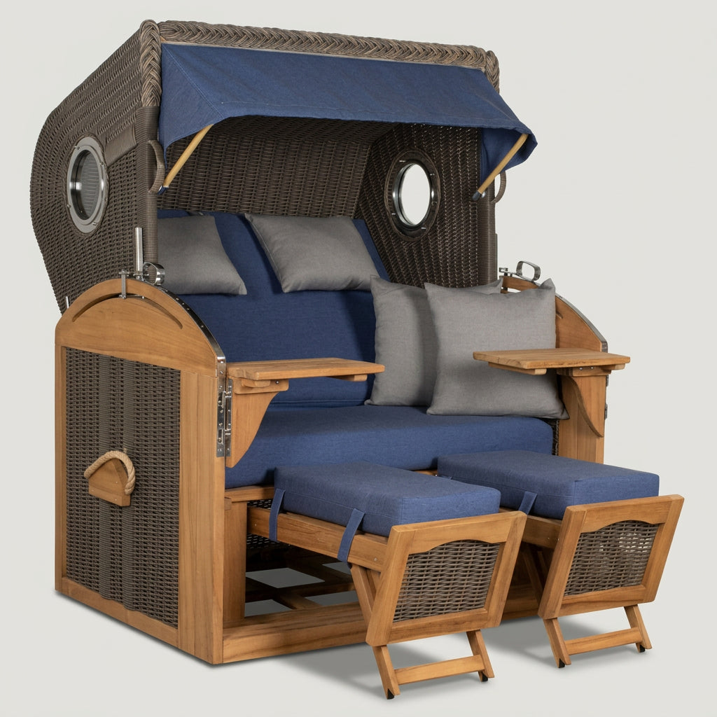 Strandkorb Schillig XL aus Teakholz und Polyrattan in Grau mit Bullauge