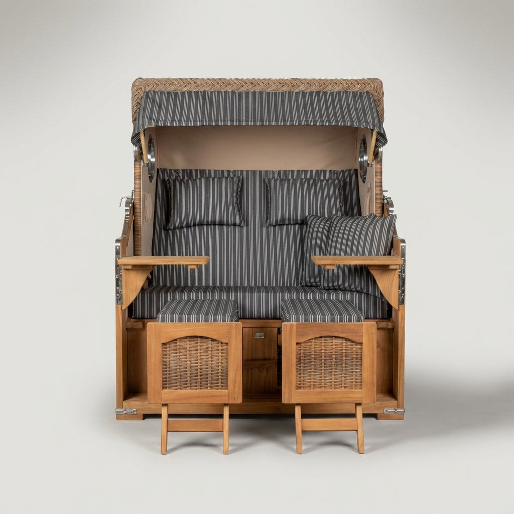 Strandkorb Düne Grande 2-Sitzer aus Teak und Polyrattan in warmem Braun
