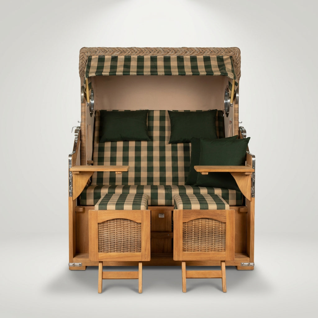 Strandkorb Düne Grande 2-Sitzer aus Teak mit Bullauge in Grün-Beige gestreift