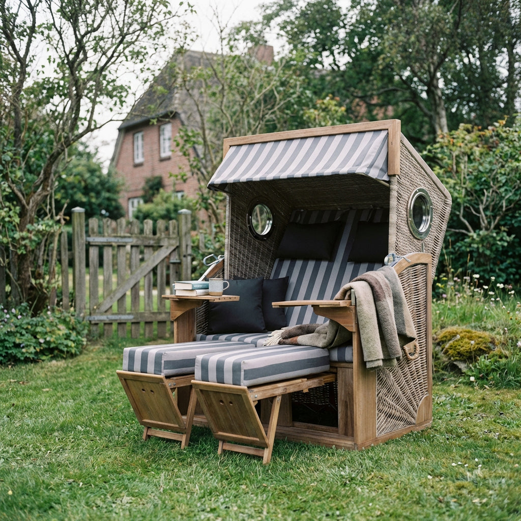Strandkorb Pure Greenline aus Polyrattan in Grau-Weiß mit Akazienholz