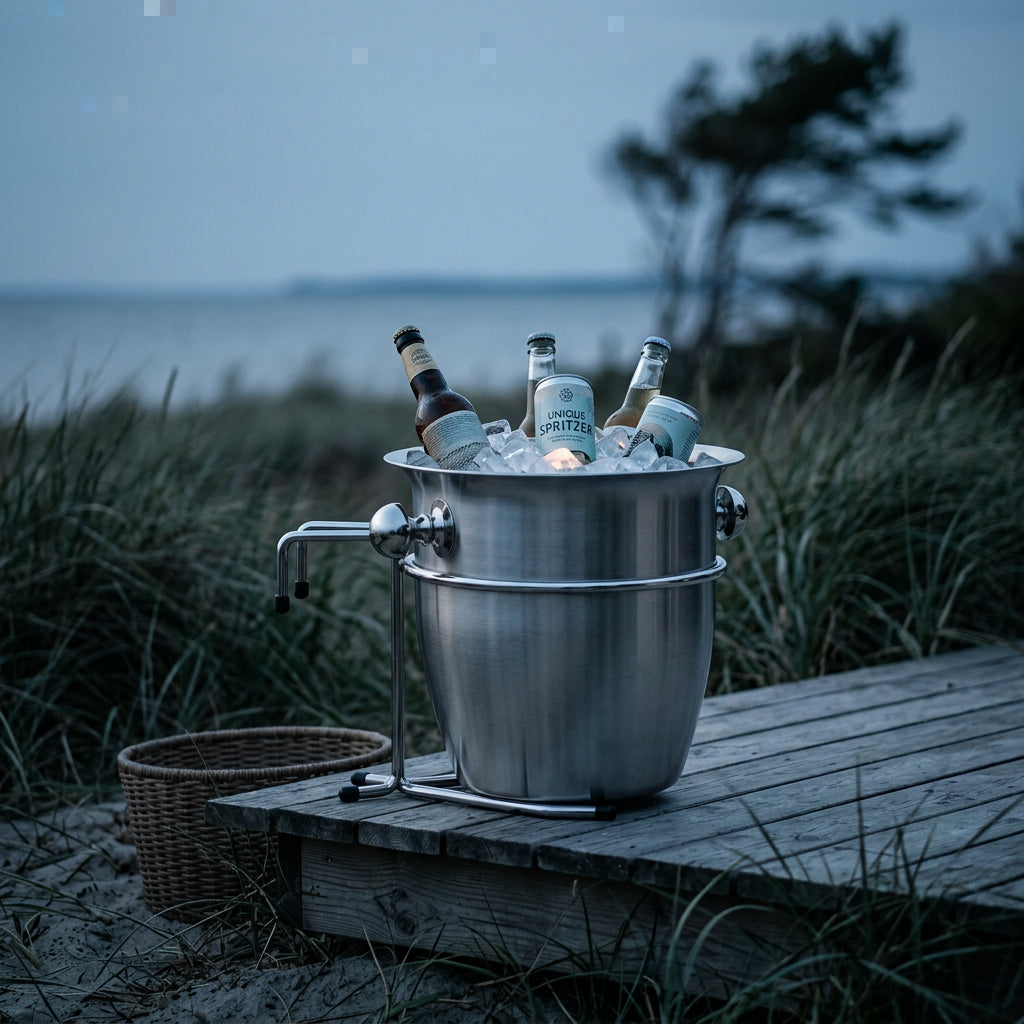 Champagnerkühler aus Edelstahl für Strandkörbe mit Aufhängung
