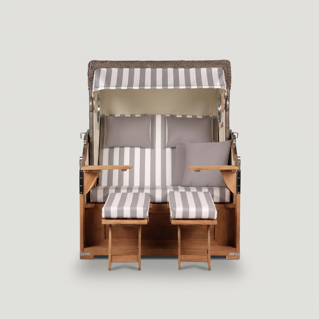 Strandkorb Baltikum 2-Sitzer aus Teak und Polyrattan in Grau mit Bullauge