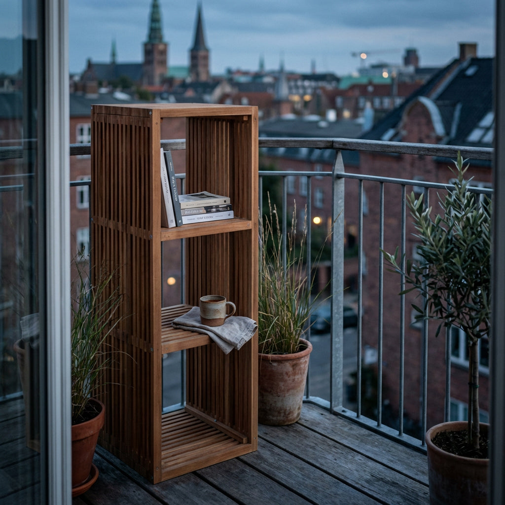 Regal 3 Fächer aus massivem Teakholz mit Lamellenoptik