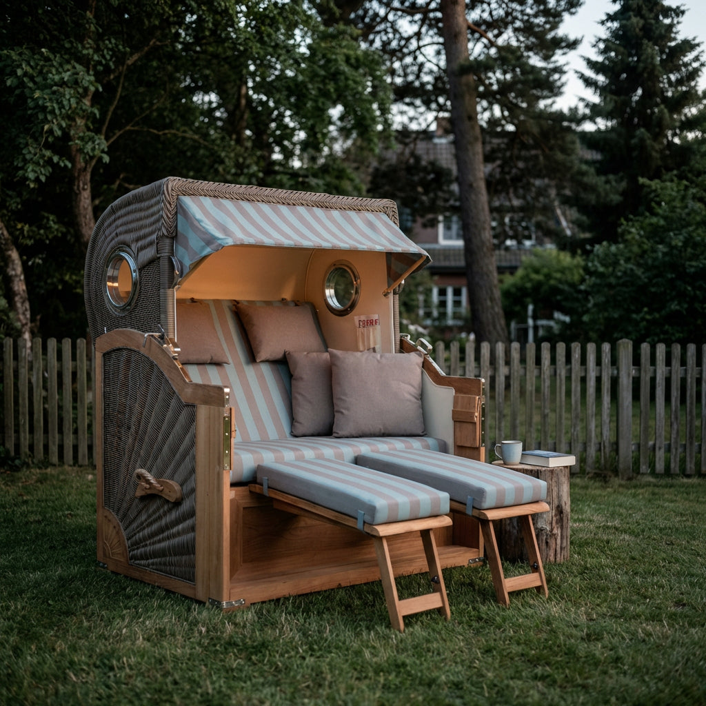 Strandkorb Baltikum 2-Sitzer aus Teakholz mit Bullaugen in PE Grey