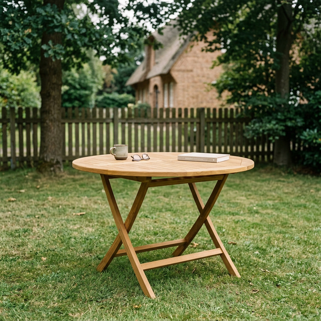 Gartentisch Woodie ø 120 cm aus massivem Teakholz mit Klappgestell
