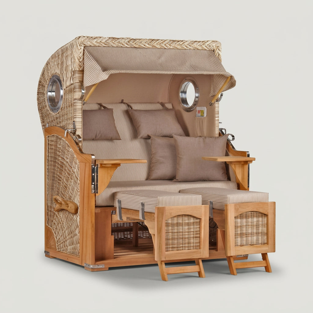 Strandkorb Düne 2-Sitzer aus massivem Teakholz mit Bullauge in warmem Beige
