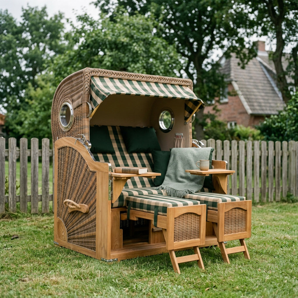 Strandkorb Düne Grande 2-Sitzer aus Teak mit Bullauge in Grün-Beige gestreift