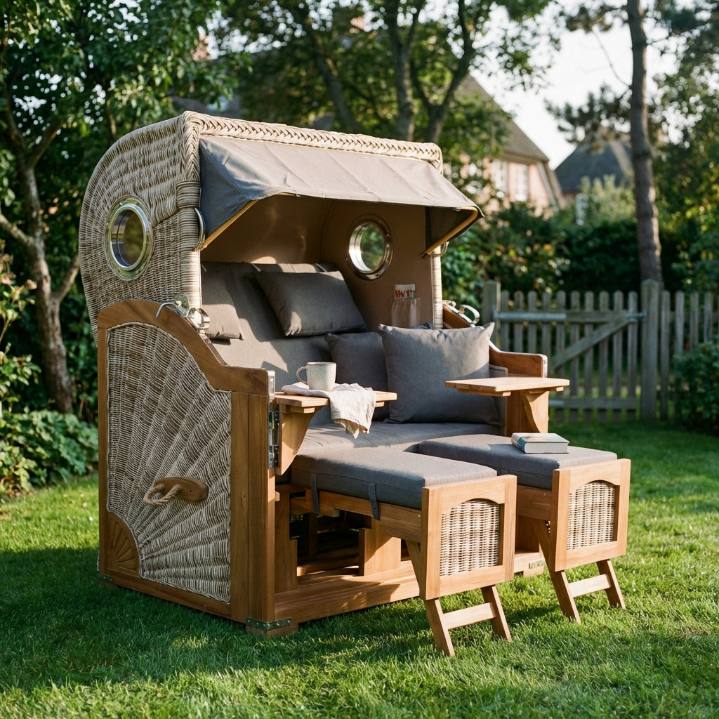 Strandkorb Düne Grande Bullauge Teak PE Shell Dessin 551 - Bild 3