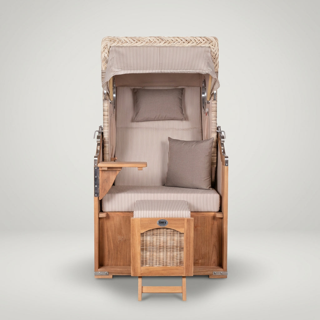 Strandkorb Düne Single aus Teak mit Bullauge in Shell-Beige