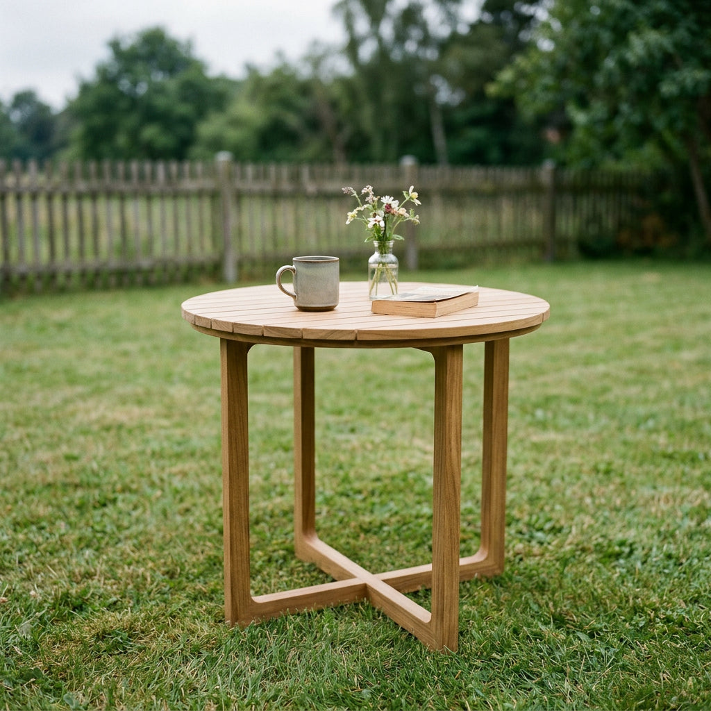 Gartentisch Retford rund 85 cm aus massivem Teakholz mit X-Gestell