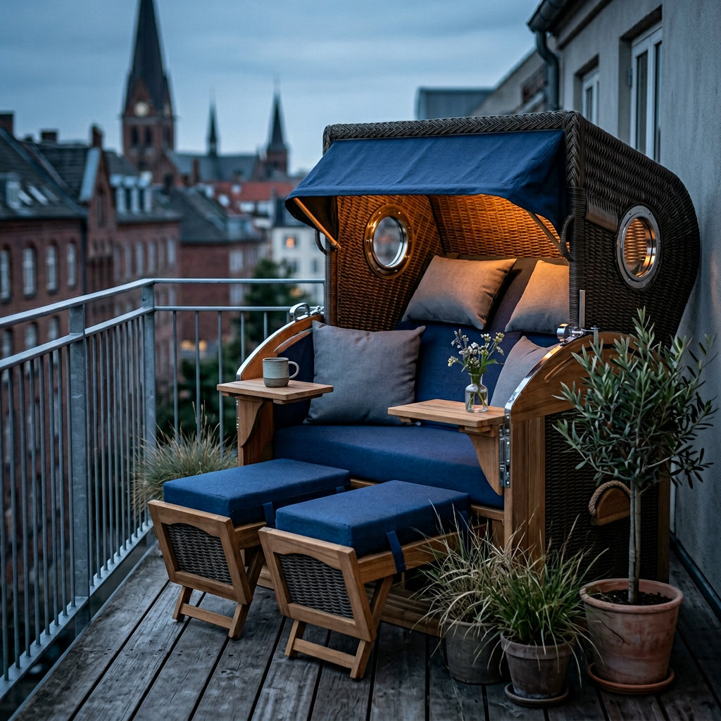 Strandkorb Schillig XL aus Teakholz und Polyrattan in Grau mit Bullauge
