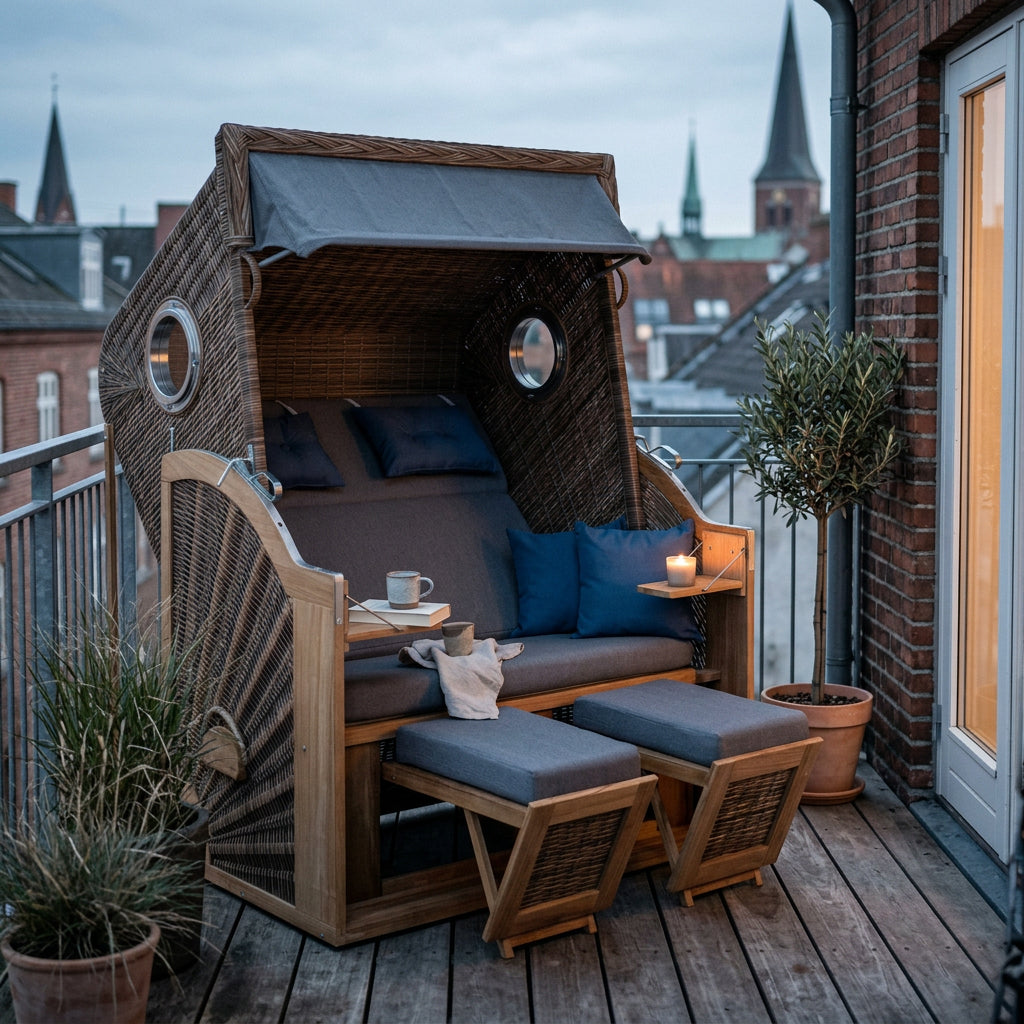 Strandkorb Cliff XL SUN aus Polyrattan griseum mit Teakholz-Klapptischen