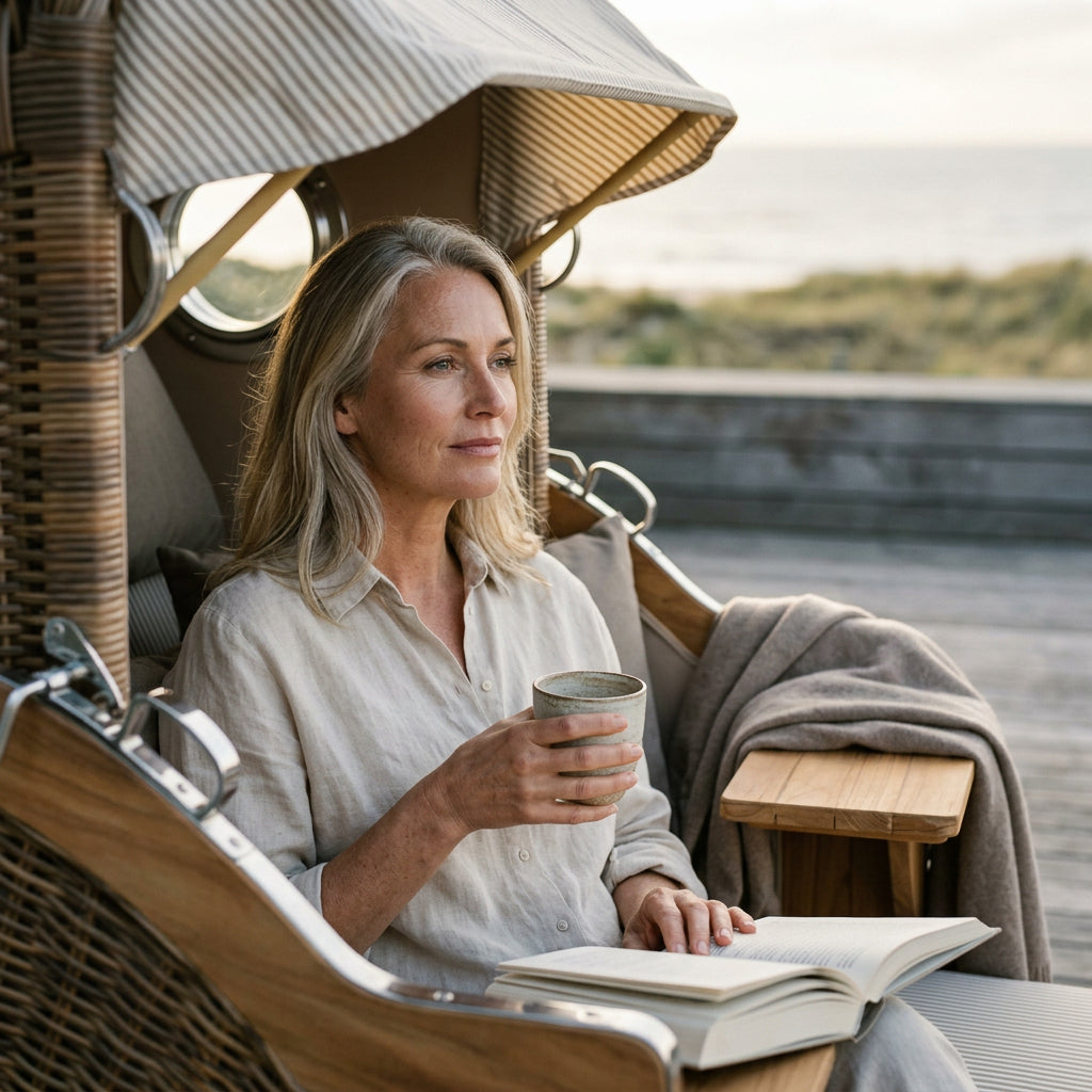 Strandkorb Düne Grande 2-Sitzer aus Teak mit Bullauge in warmem Banana-Ton